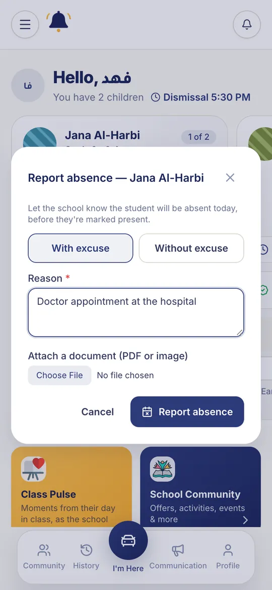 The “Report absence” window