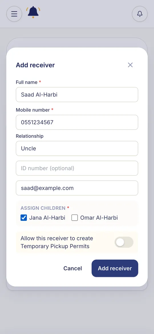 The “Add receiver” form