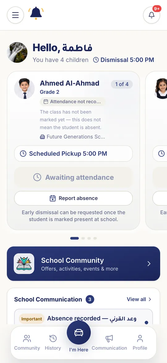 The parent home screen in the JARASNA app