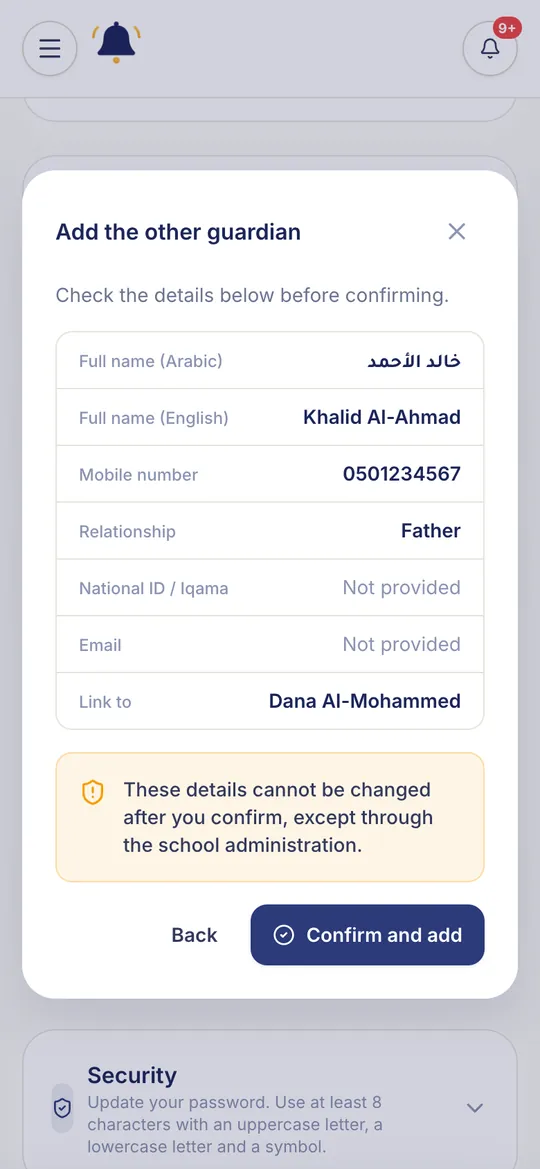 The review step before confirming